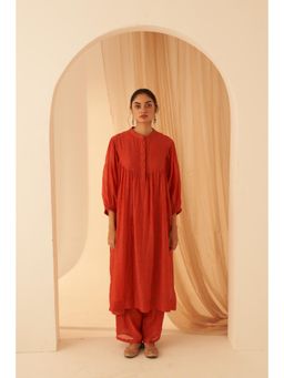 Janki India - Rust Chanderi Embroidery Kurta with Pant and Dupatta with Slip (Set of 4)