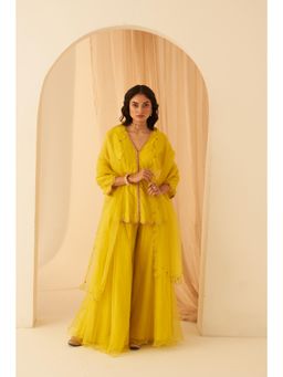 Janki India - Lime Yellow Chanderi Thread Embroidery Kurta with Sharara and Dupatta (Set of 3)