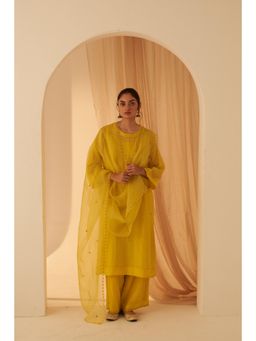 Janki India - Lime Yellow Embroidery Kurta with Palazzo and Dupatta with Slip (Set of 4)