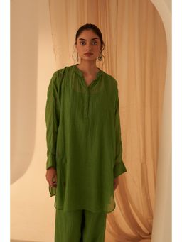 Janki India - Green Chanderi Resham Buti Embroidery Kurta with Palazzo and Slip (Set of 3)