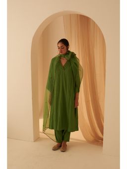 Janki India - Green Chanderi Bullion Work Embroidery Kurta with Pant and Dupatta (Set of 3)