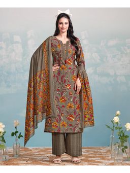 MOJILAA - Women Brown Cotton Floral Straight Kurta with Palazzo and Dupatta (Set of 3)