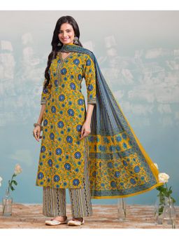 MOJILAA - Women Yellow Cotton Floral Straight Kurta with Palazzo and Dupatta (Set of 3)