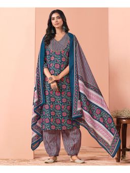 MOJILAA - Women Multi-Color Cotton Floral Straight Kurta with Salwar and Dupatta (Set of 3)