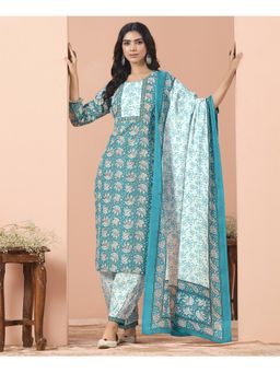MOJILAA - Women Teal Cotton Floral Straight Kurta with Salwar and Dupatta (Set of 3)