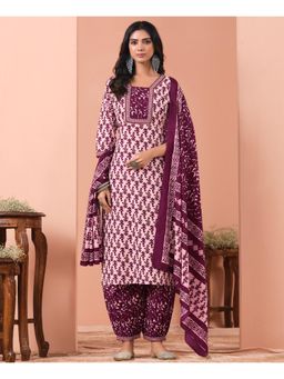 MOJILAA - Women Wine Cotton Printed Straight Kurta with Salwar and Dupatta (Set of 3)