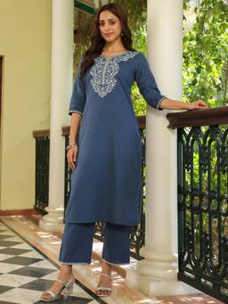 SAVI - Blue Cotton Embroidered Straight Kurta with Pant (Set of 2)