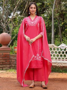 SAVI - Red Cotton Lurex Embroidered Kurta with Palazzo and Dupatta (Set of 3)