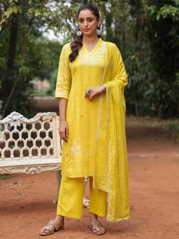 SAVI - Yellow Cotton Lurex Embroidered Kurta with Palazzo and Dupatta (Set of 3)