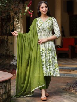 SAVI - Green Cotton Printed Anarkali Kurta with Pant and Dupatta (Set of 3)