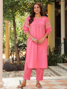 SAVI - Cotton Pink Embroidered A-Line Kurta with Pant (Set of 2)