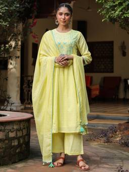 SAVI - Yellow Lurex Embroidered Kurta with Palazzo and Dupatta (Set of 3)