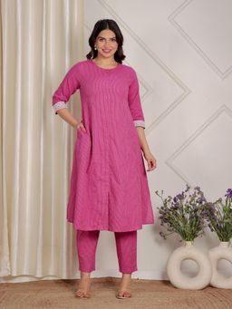 ARAMYA - Women Kantha Cotton A-Line Striped Kurta with Pant (Set of 2)