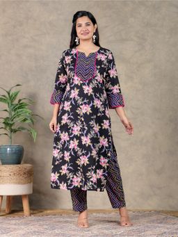 ARAMYA - Women Soft Cotton Straight Floral Print Kurta with Pant (Set of 2)