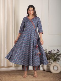 ARAMYA - Women Soft Cotton Angrakha Butti Print Anarkali Kurta with Palazzo (Set of 2)