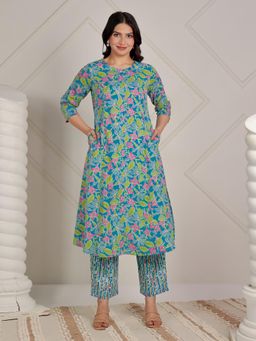 ARAMYA - Women Soft Cotton A-Line Floral Print Kurta with Pant (Set of 2)