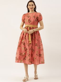 Ethnovog - Ready To Wear Pink Chanderi Silk Puff Sleeve Dress