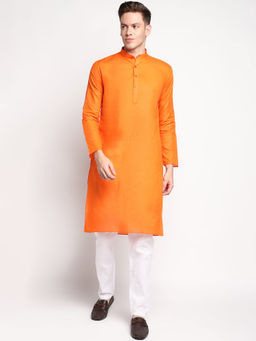 Devoiler - Men Plain Orange Cotton Kurta