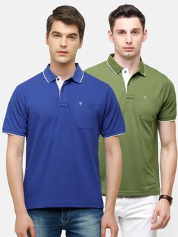 Classic Polo - Men Solid Navy Blue & Green Cotton Blend Regular Fit Polo T-Shirts (Pack of 2)