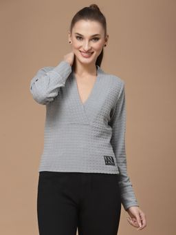 KASSUALLY - Grey Wrap V Neck Fitted Top