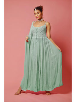 Label Aishwaryrika - LABEL AISHWARYRIKAa Sage Green Chikankari Anarkali Kurta