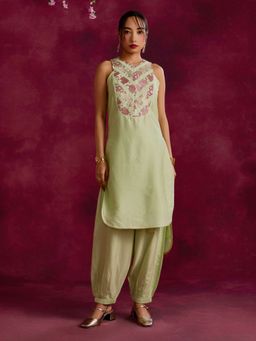 Abhishti - High Low Hem Kurta With Pleated Zari Yoke Pistachio Green