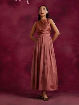 Abhishti - Pleated Drape Top With Box Pleated Skirt Co-Ord Rose Brown (Set of 2)