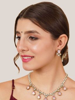 BeAbhika - Light Pink Crystal Kundan Necklace with Earrings