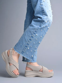 Shoetopia - Women's Grey Embellished Criss-Cross Comfort Wedge Sandals