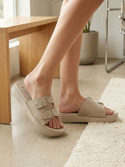 ELLE - Women's Double-Buckle Accent Comfort Slip-On Sliders