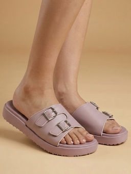 ELLE - Women's Double-Buckle Accent Comfort Slip-On Sliders