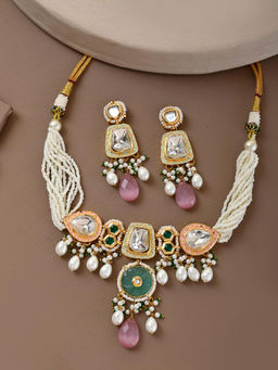 DASTOOR - Womens Gold Plated Designer Necklace Set Multi-Color