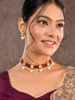 DASTOOR - Womens Gold Plated Designer Necklace Set Maroon