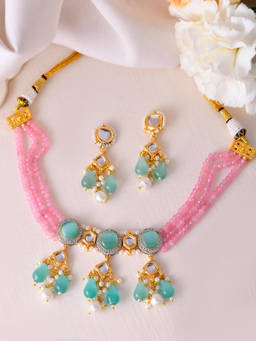 DASTOOR - Womens Gold Plated Designer Necklace Set Multi-Color