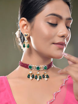 DASTOOR - Womens Gold Plated Designer Necklace Set Multi-Color