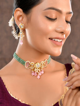 DASTOOR - Womens Gold Plated Designer Necklace Set Multi-Color