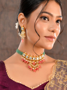 DASTOOR - Womens Gold Plated Designer Necklace Set Multi-Color