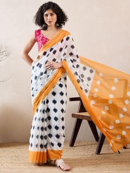 Vaamsi - Women White Linen Ikat Printed Saree with Unstitched Blouse
