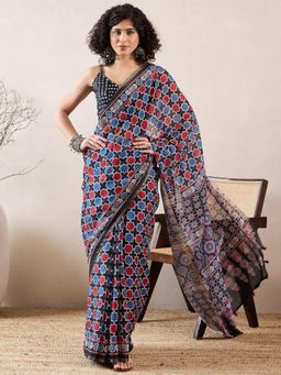 Vaamsi - Women Multi-Color Linen Ajrak Printed Saree with Unstitched Blouse