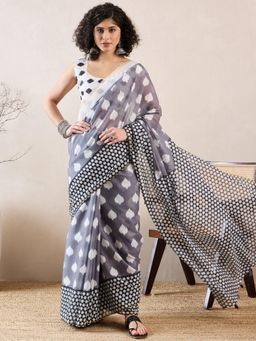 Vaamsi - Women Grey Linen Printed Saree with Unstitched Blouse