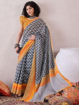 Vaamsi - Women Grey Linen Ikat Printed Saree with Unstitched Blouse