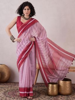 Vaamsi - Women Red Linen Stripes Printed Saree with Unstitched Blouse