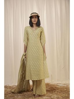 THREE-THREE - Green Hanako Kurta with Palazzo and Dupatta