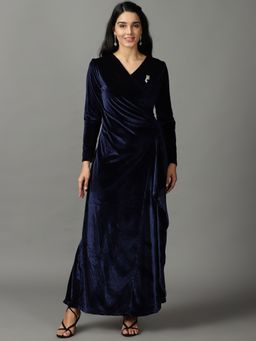 SHOWOFF - Womens Wrap Navy Blue Solid Maxi Dress