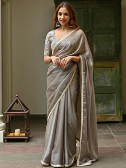 Lavanya The Label - Grey Embroidered Saree Kota Doriya with Stitched Blouse