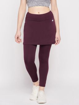 Clovia - Snug-Fit High Rise Active Skirt With Attached Tights In Plum Colour