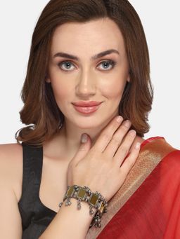 Moedbuille - Mirrors & Ghungroos Afghan Tribal Design Oxidised Silver Plated Green Bracelet