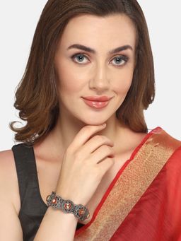 Moedbuille - Kundan Studded Meenakari Work Antique Design Oxidised Silver Plated Red Bracelet