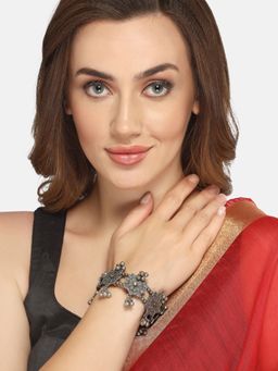 Moedbuille - Crystal Studded Antique Floral Design Oxidised Silver Plated Tribal Bracelet