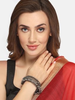 Moedbuille - Ghungroo Studded Filigree Work Oxidised Silver Plated Antique Tribal Cuff